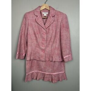 Vintage Miss‎ Dorby Pink Tweed Skirt Suit Ruffled Hem 90s Preppy Elle Woods Sz 8